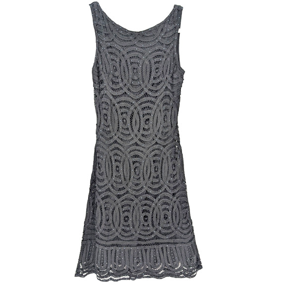 VTG Y2K Cache Black Crochet Lace Art Deco Geo Print Beaded V Back Dress Small - Picture 1 of 10